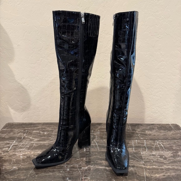 Princess Polly Embossed Faux Patent Leather Knee High Boots - Picture 15 of 15